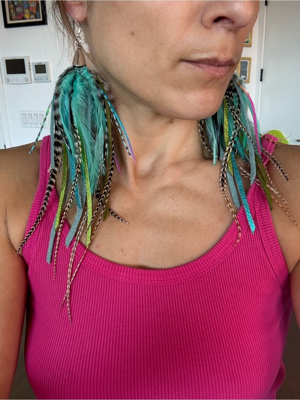 Turquoise Multi-Feather and Leather Drop Earrings - Women Jewelry